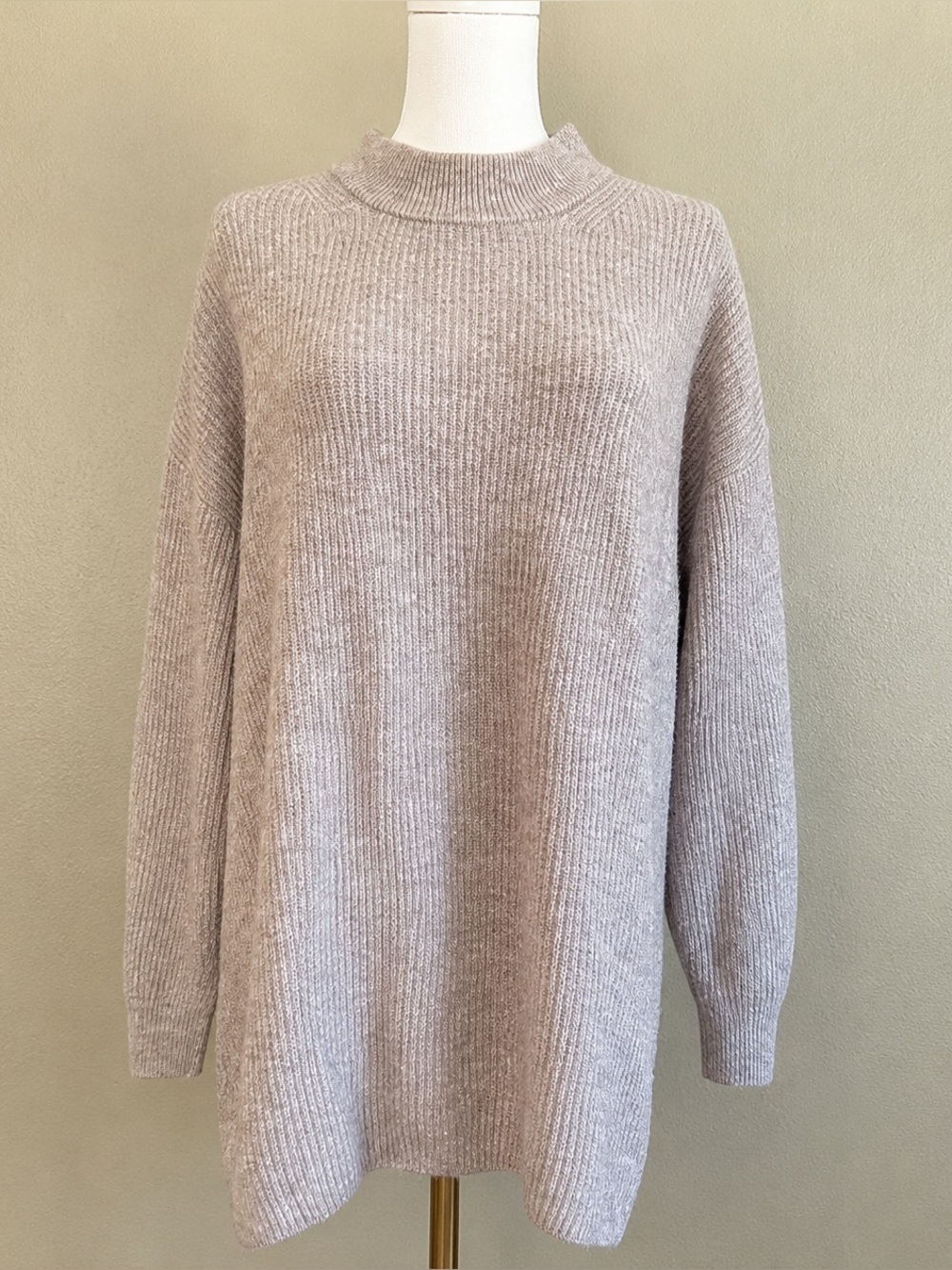 H&M Women’s Medium Taupe Ribbed Knit Oversized Mock Neck Long Sweater Tunic